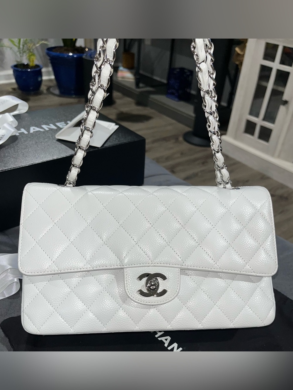 Authentic White CHANEL Caviar Small Classic Double-Flap with Silver Hardware